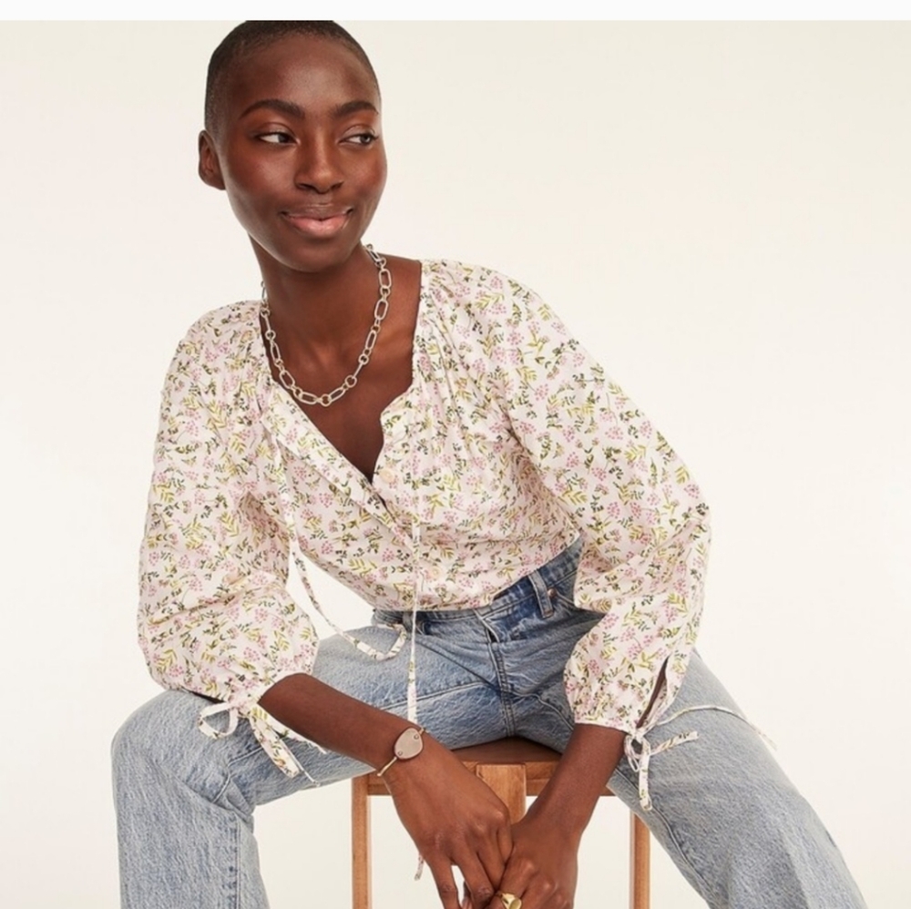 J Crew Tie Front Tie-sleeve button-front cotton poplin top Meadow floral Small